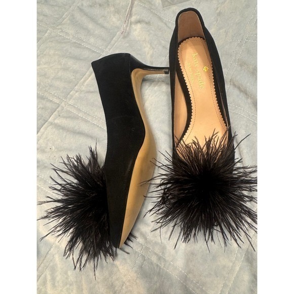 Kate Spade New York Black Suede Feather Pom Pointed Toe Heels Pumps size 6 - Picture 7 of 8